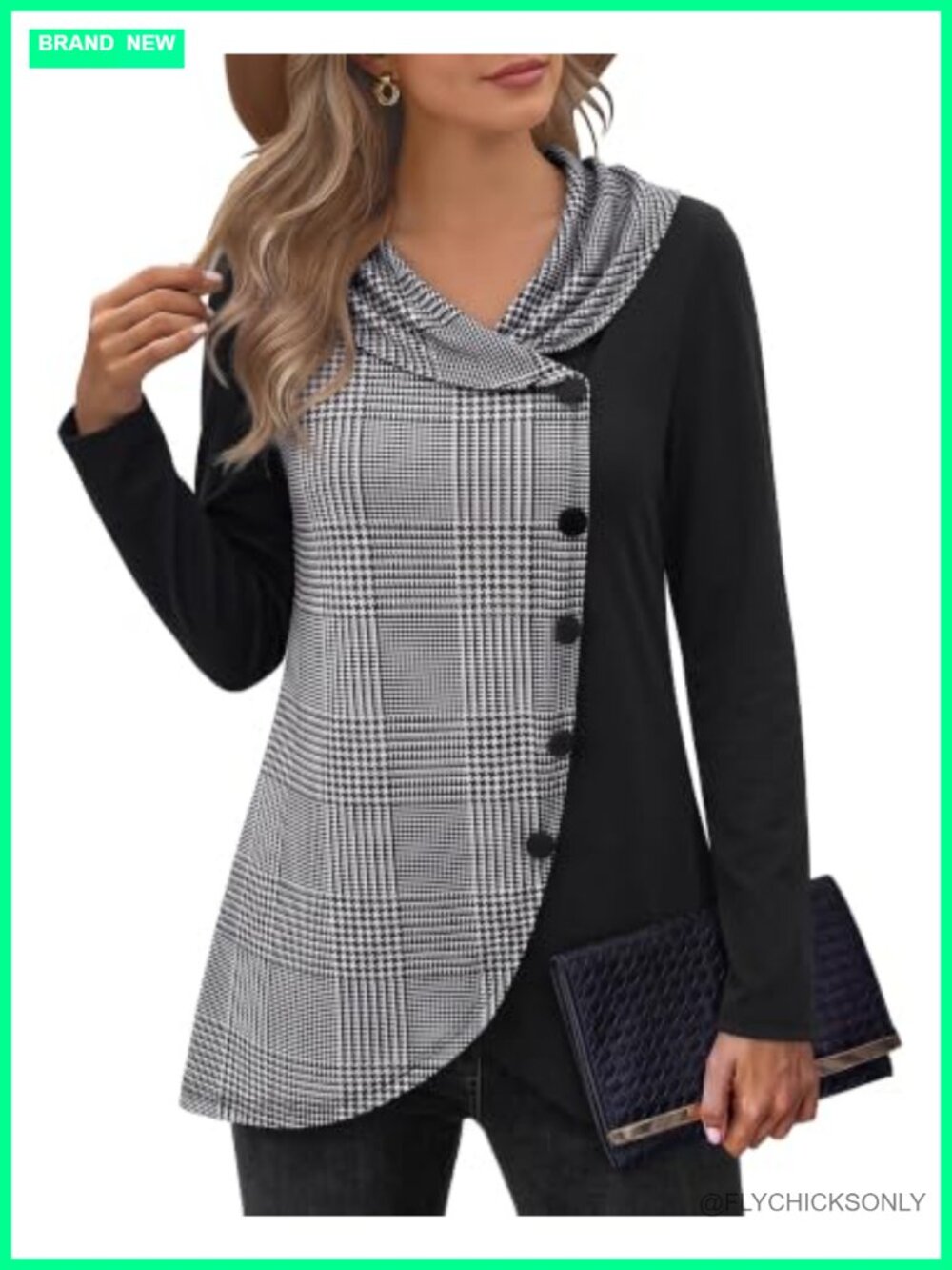 Womens Long Sleeve Tunic Sweatshirt Button Side Tulip Hem Shawl Neck Pullover